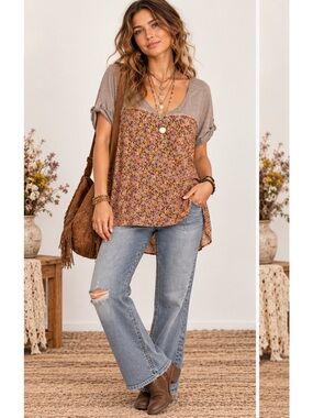 In Bloom Pink Floral and Taupe Short Sleeve Sleep Tunic